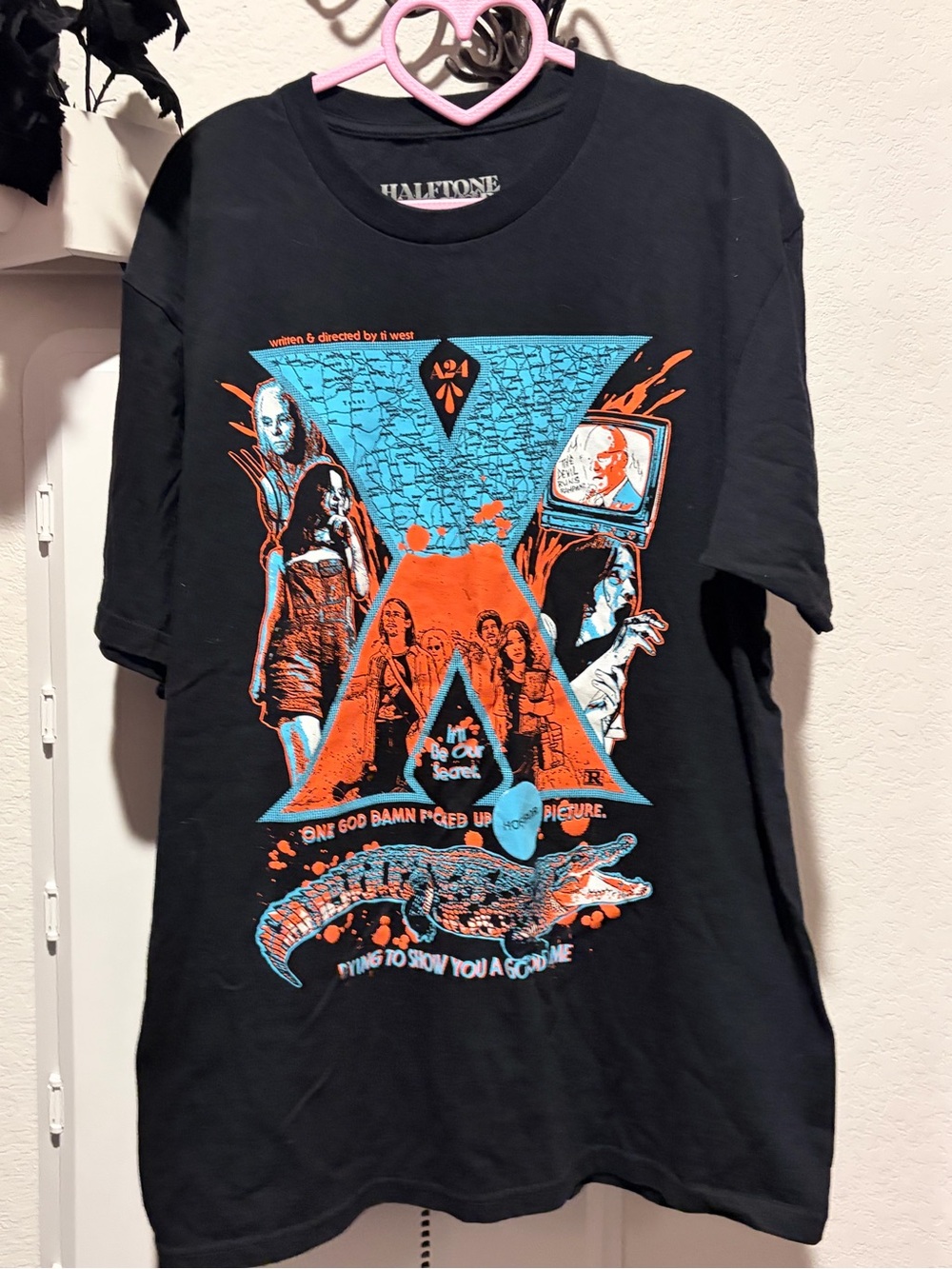 Graphic Short-Sleeve Tee in Black with Orange & Blue Print
